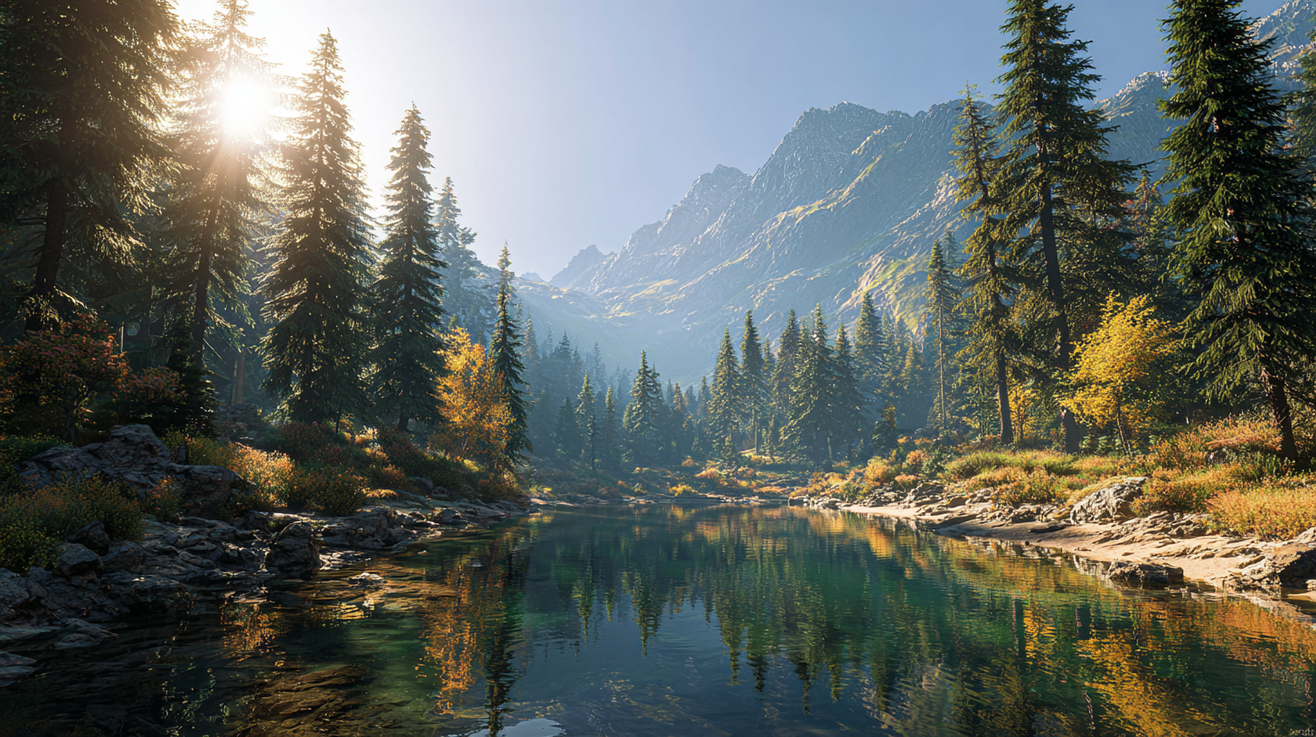 Prompt template: A peaceful static shot of a mountain lake. Gentle ...